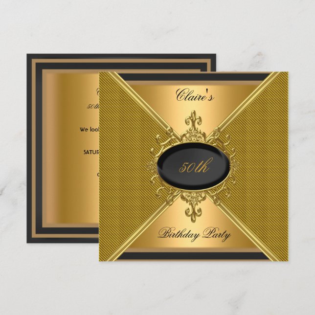 Elegant Gold On Gold Black 50th Birthday Party Invitation (Front/Back)