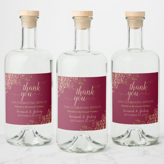 Elegant Gold on Maroon Burgundy Wedding Thank You Liquor Bottle Label (Bottles)