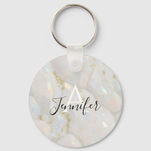 Elegant Gold Opal Gemstone Custom Name Monogram Key Ring