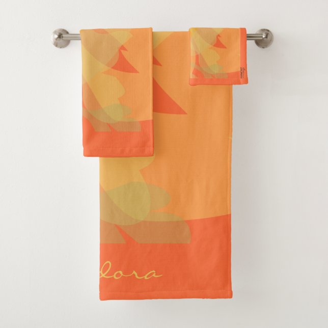 Elegant Gold Orange Abstract Floral Bath Towel Set (Insitu)