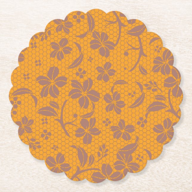 Elegant Gold Orange Lacey Design Paper Coaster (Front)