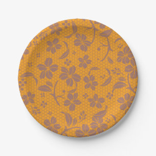 Elegant Gold Orange Lacey Design Paper Plate