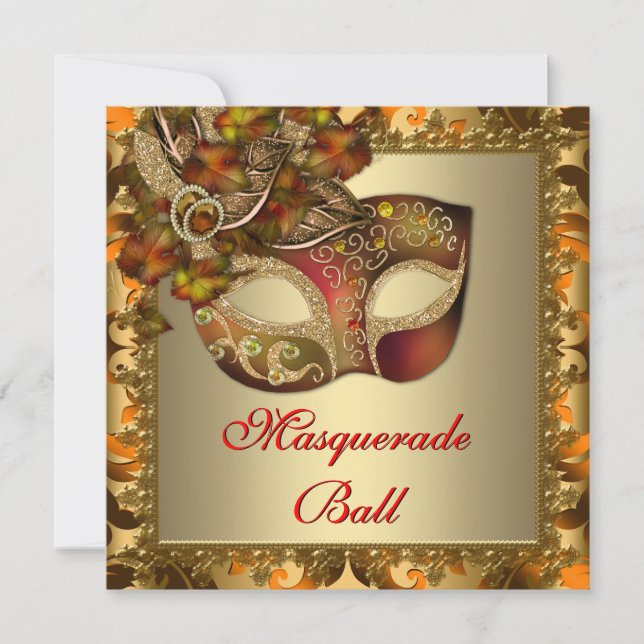 Elegant Gold Orange Red Masquerade Party Invitation (Front)