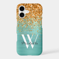 Elegant Gold Orange Teal Girly Glitter Monogram