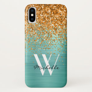 Elegant Gold Orange Teal Girly Glitter Monogram iPhone X Case