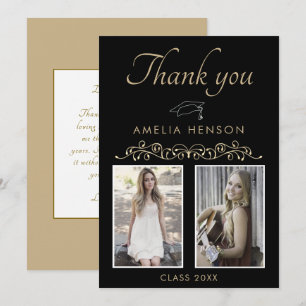 Elegant Gold Ornament 2 Photo Graduation Thank You Card
