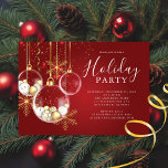 Elegant Gold Ornament Christmas Party Invitation<br><div class="desc">Modern elegance holiday party featuring a red  background with trio of Christmas ball ornaments and gold snowflakes</div>