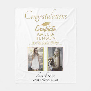 Elegant Gold Ornament Congratulations 2 Photo Grad Fleece Blanket