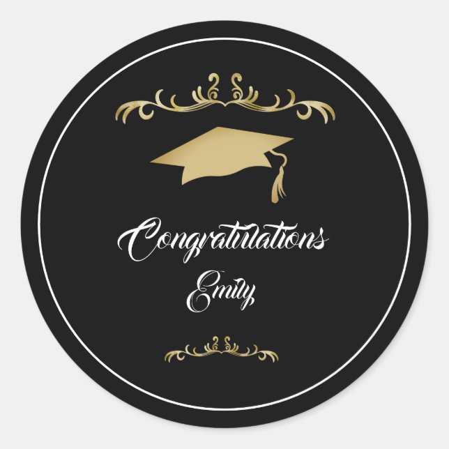 Elegant Gold Ornament Congratulations Graduate  Classic Round Sticker (Front)