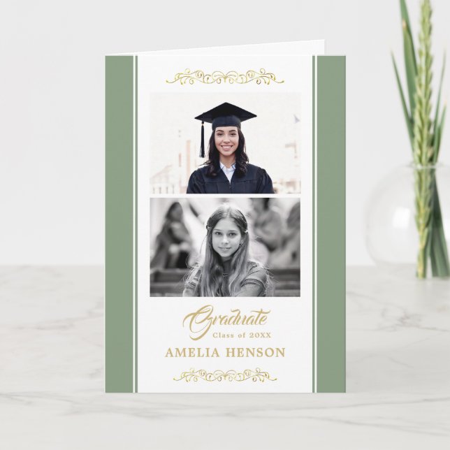Elegant Gold Ornament Graduation 2 Photo  Card (Front)