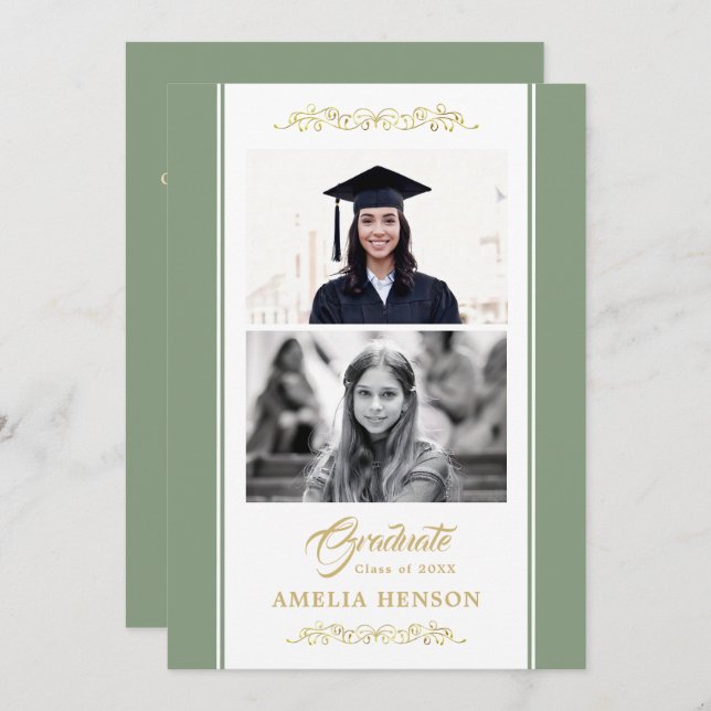 Elegant Gold Ornament Graduation 2 Photo  Card (Front/Back)
