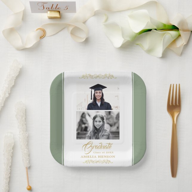Elegant Gold Ornament Graduation Party 2 Photo  Paper Plate (Wedding)