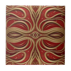 Elegant Gold Ornamental Design on Red Background Ceramic Tile
