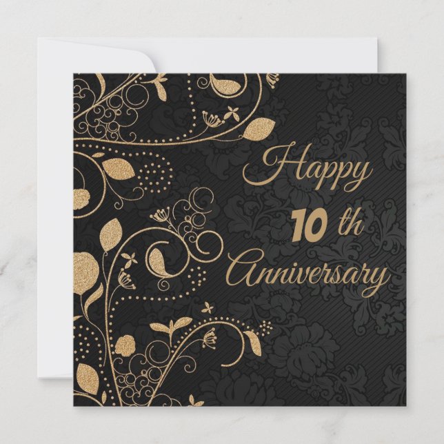 Elegant, Gold Ornaments, 10th Anniversary Card (Front)