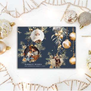 Elegant Gold Ornaments blue Christmas Card