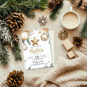 Elegant Gold Ornaments Poinsettia Christmas Party  Invitation