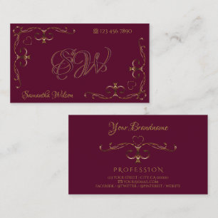 Elegant Gold Ornate Corners Burgundy with Initials Business Card