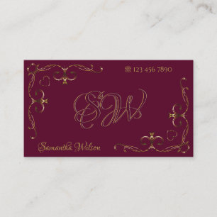 Elegant Gold Ornate Corners Burgundy with Initials Business Card