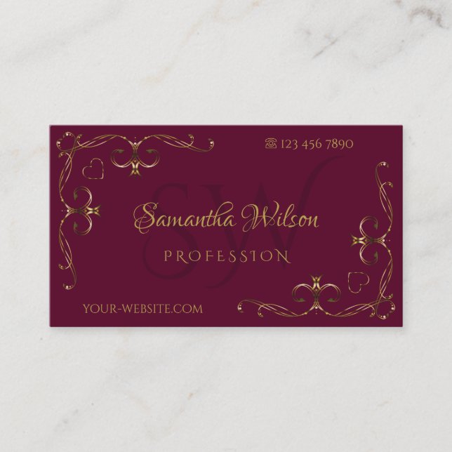 Elegant Gold Ornate Corners with Initials Burgundy Business Card (Front)