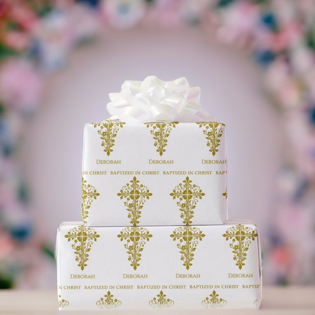 Elegant Gold Ornate Cross Baptism Wrapping Paper (Creator Uploaded)