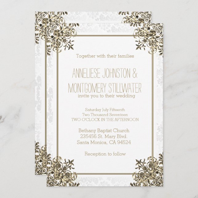 Elegant Gold Ornate Design on White Damask Invitation (Front/Back)