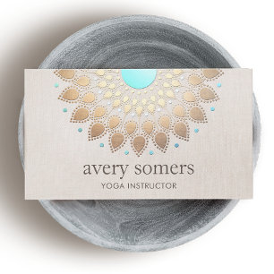 Elegant Gold Ornate Lotus Mandala Beige Linen Look Business Card