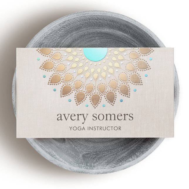 Elegant Gold Ornate Lotus Mandala Beige Linen Look Business Card (Creator Uploaded)