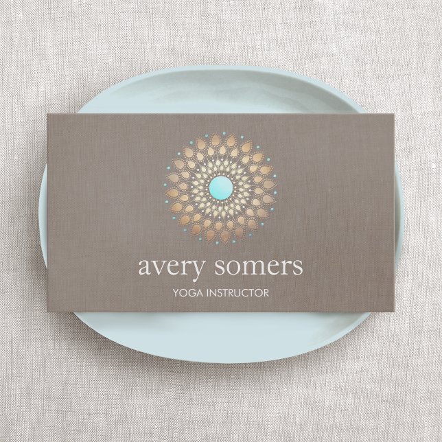 Elegant Gold Ornate Lotus Mandala Taupe Linen Look Business Card (Creator Uploaded)