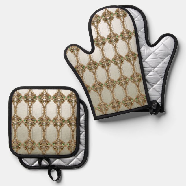 Elegant Gold Ornate Oven Mitt & Pot Holder Set (Front/Back)
