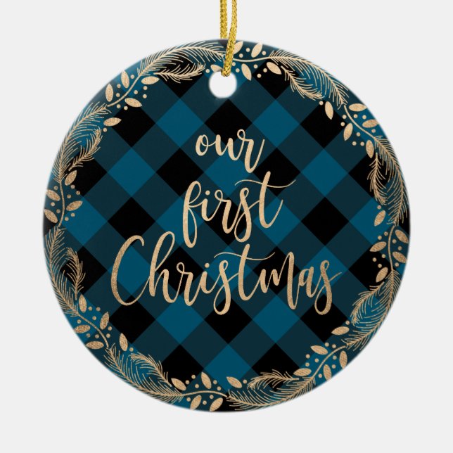 Elegant gold our first Christmas as Mr & Mrs photo Ceramic Ornament (Front)