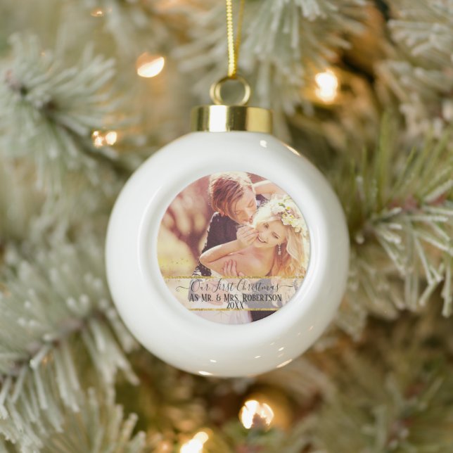 Elegant Gold Our First Christmas Mr n Mrs Photo Ceramic Ball Christmas Ornament (Tree)