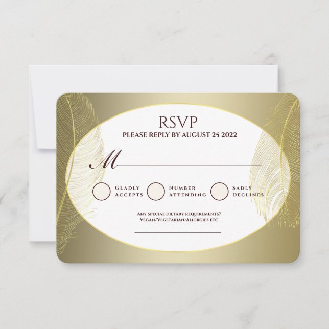 Elegant Gold Oval Feather RSVP Card (Front)