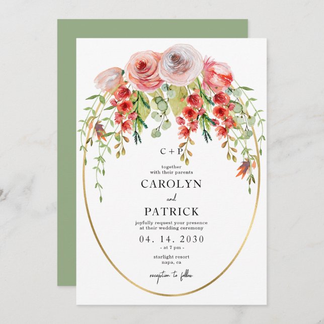 Elegant Gold Oval Frame Garden Floral Wedding  Invitation (Front/Back)