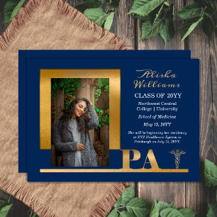 Elegant Gold PA Caduceus 1 Photo Blue Grad Announcement