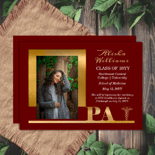 Elegant Gold PA Caduceus 1 Photo Maroon Grad Announcement