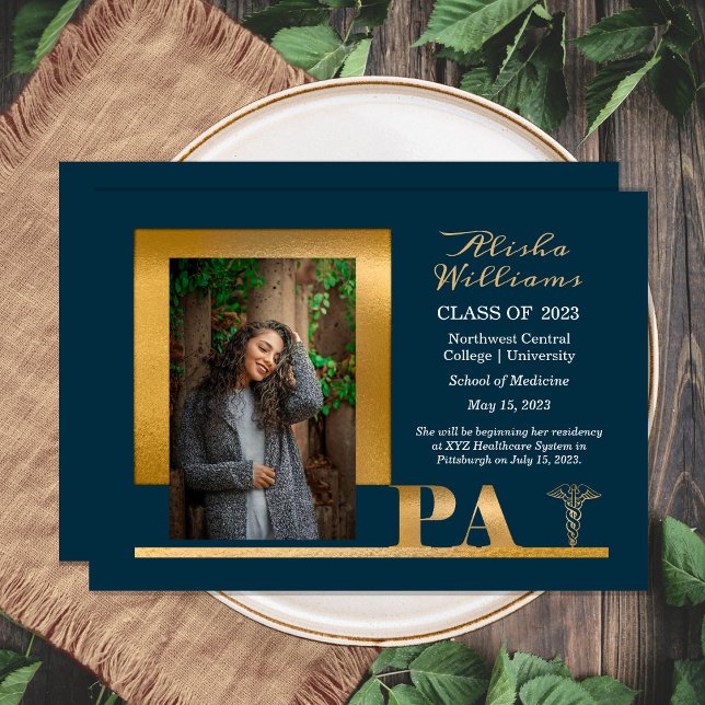 Elegant Gold PA Caduceus 1 Photo Teal Grad  Announcement (Creator Uploaded)