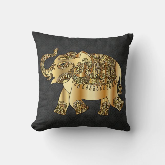 Elegant Gold Paisley Elephant,Black Damask Cushion (Front)