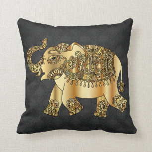 Elegant Gold Paisley Elephant,Black Damask Cushion