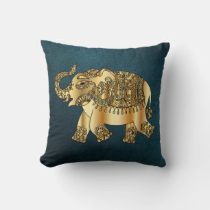 Elegant Gold Paisley Elephant,Green Leather Look  Cushion