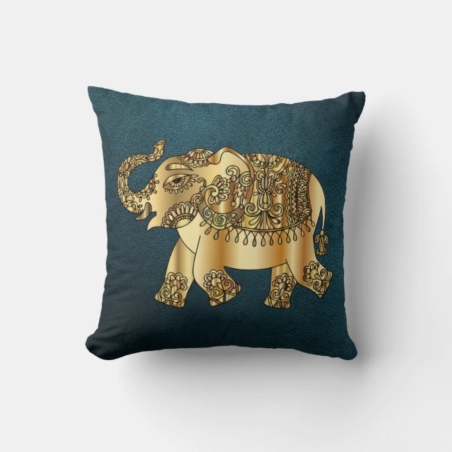 Elegant Gold Paisley Elephant,Green Leather Look  Cushion (Front)
