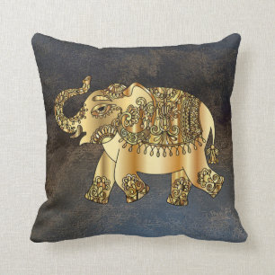 Elegant Gold Paisley Elephant, Leather Look Cushion