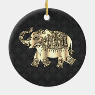 Elegant Gold Paisley Floral Elephant, Black Damask Ceramic Ornament
