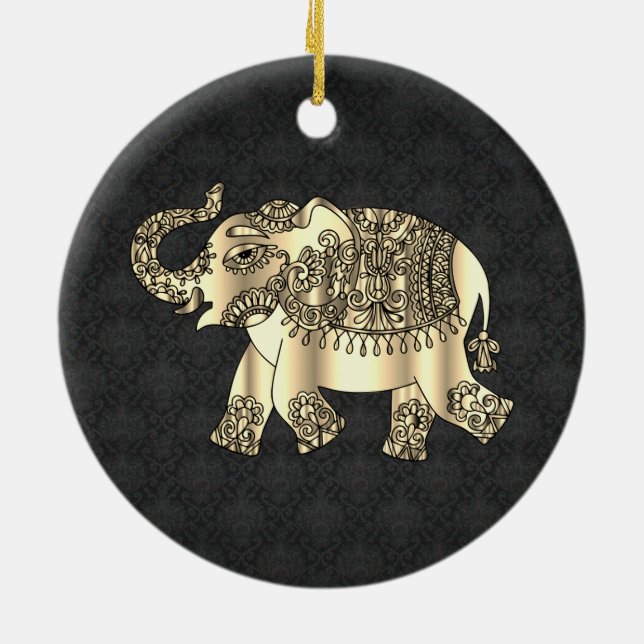 Elegant Gold Paisley Floral Elephant, Black Damask Ceramic Ornament (Back)