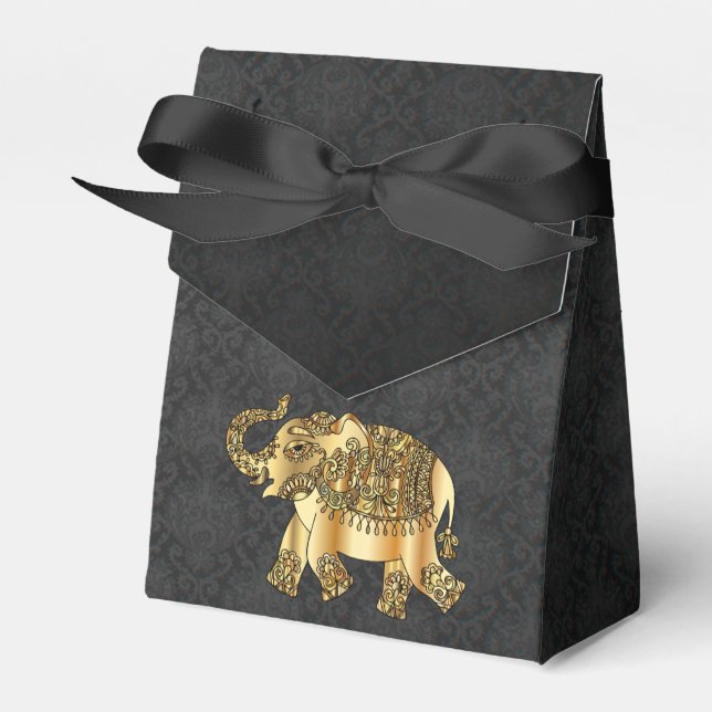 Elegant Gold Paisley Floral Elephant, Black Damask Favour Box (Front Side)