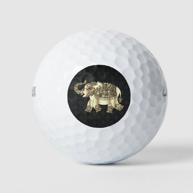 Elegant Gold Paisley Floral Elephant, Black Damask Golf Balls (Front)