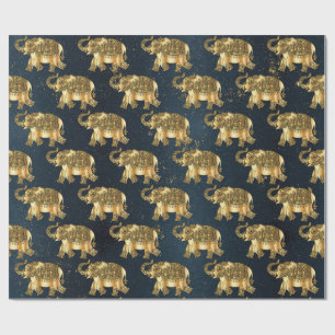 Elegant Gold Paisley Floral Elephant,Dark Blue Wrapping Paper