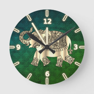 Elegant Gold Paisley Floral Elephant,Green Damask Round Clock