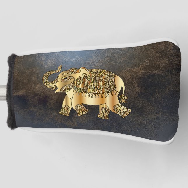 Elegant Gold Paisley Floral Elephant,Leather Look Golf Head Cover (Front)
