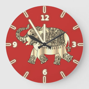 Elegant Gold Paisley Floral Elephant, Red Large Clock