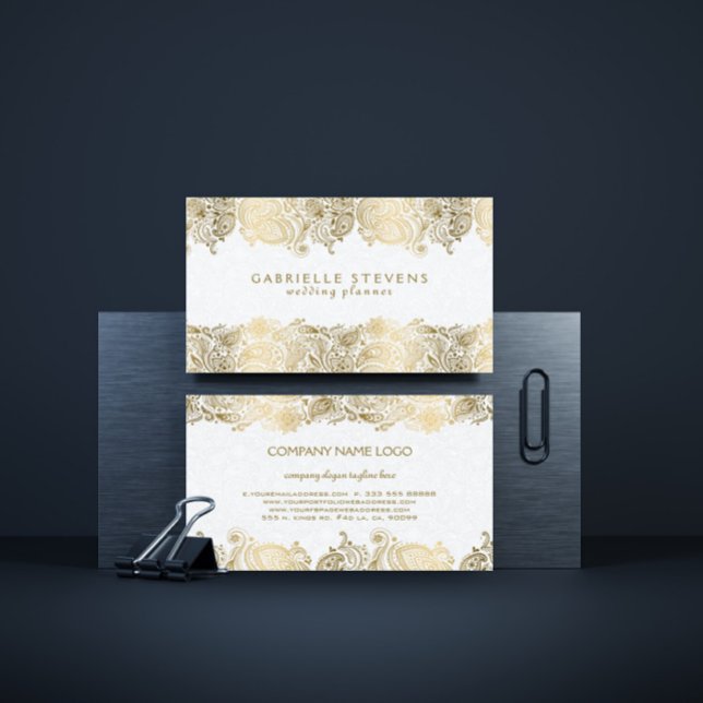 Elegant gold paisley on white wedding planner business card (Creator Uploaded)